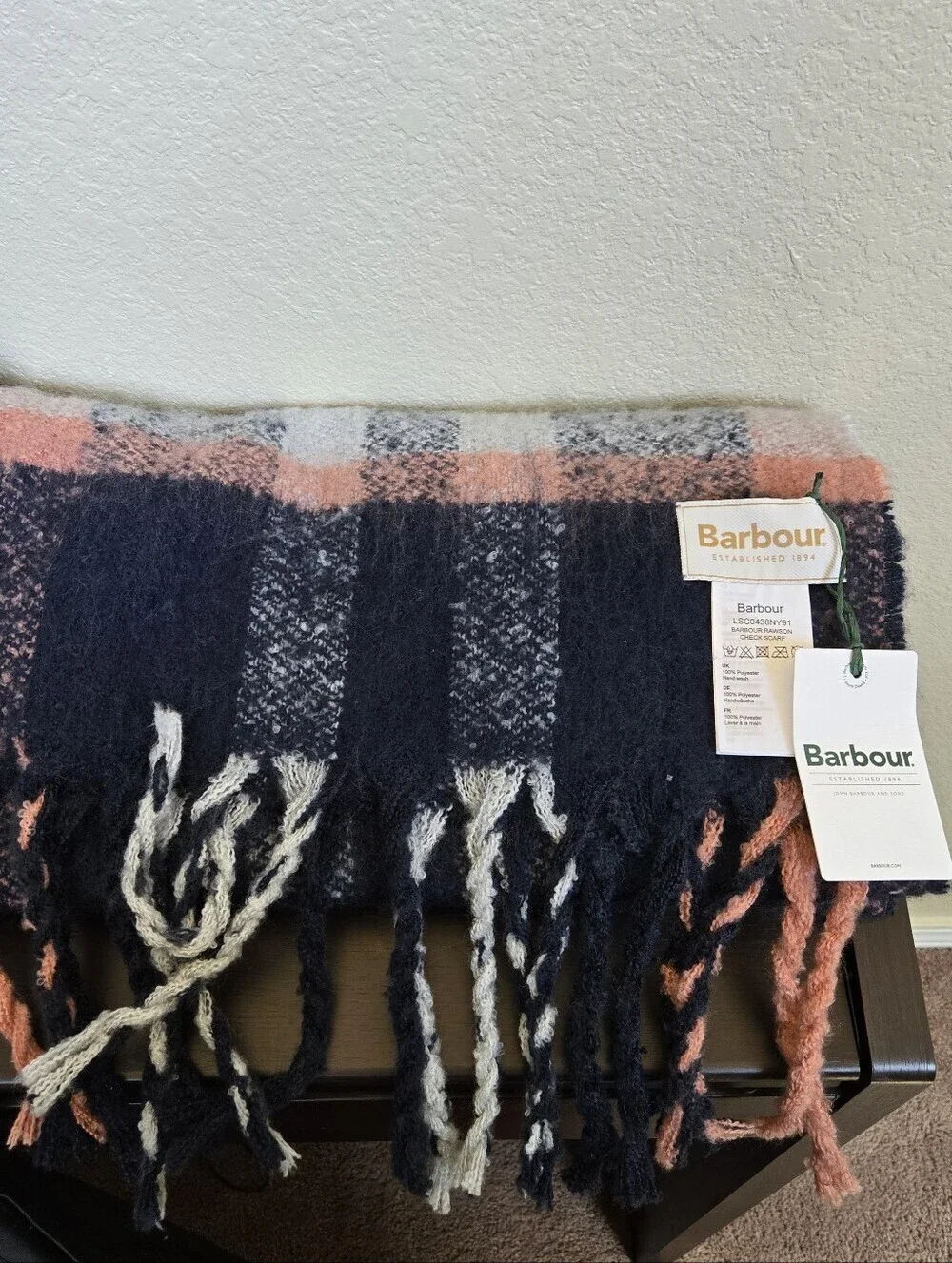nwt Barbour Rawsom Check Scarf Navy Pink Rust OS